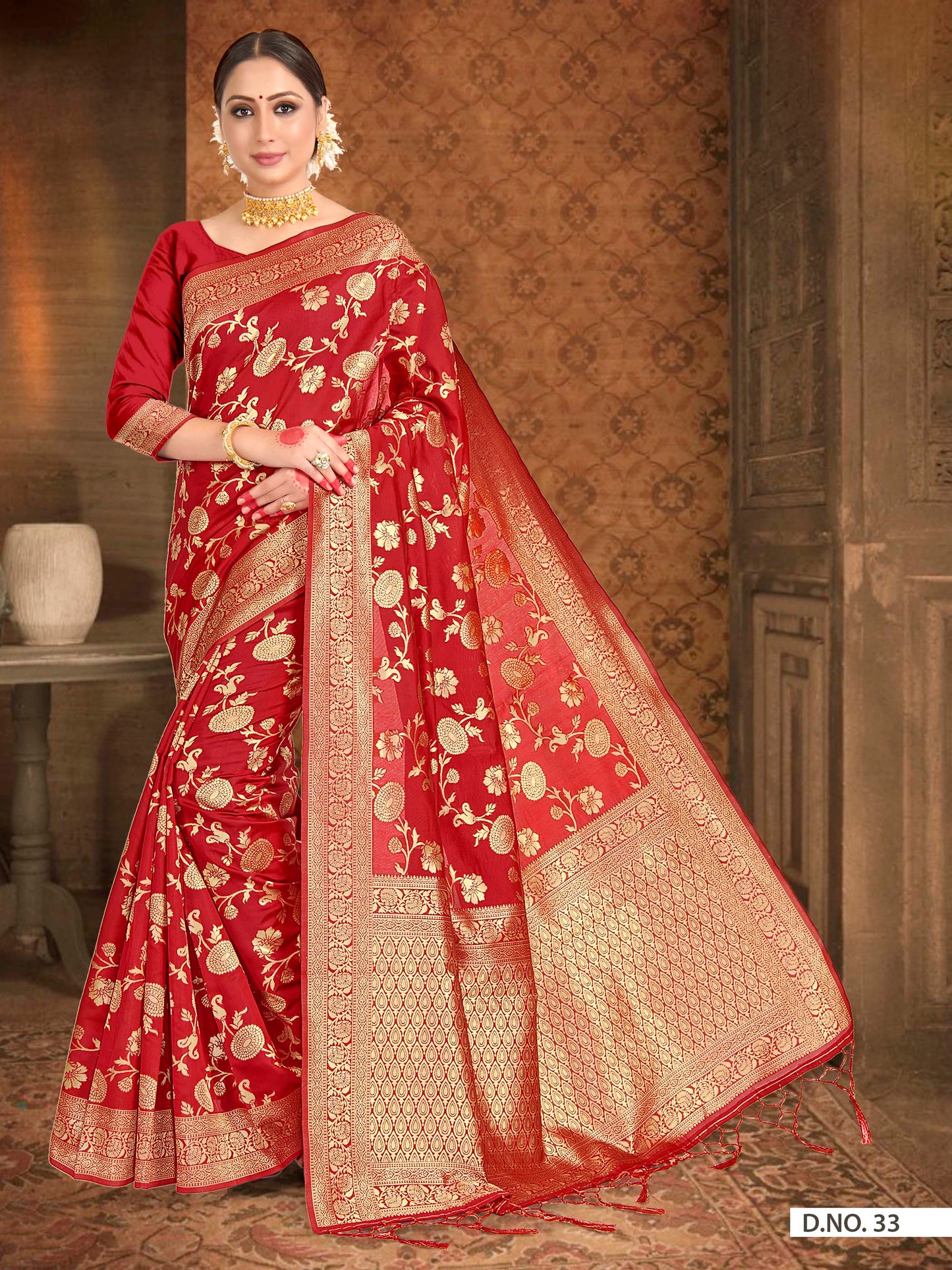 Vardha Crimson Red Woven Banarasi Saree | Swadesiicart