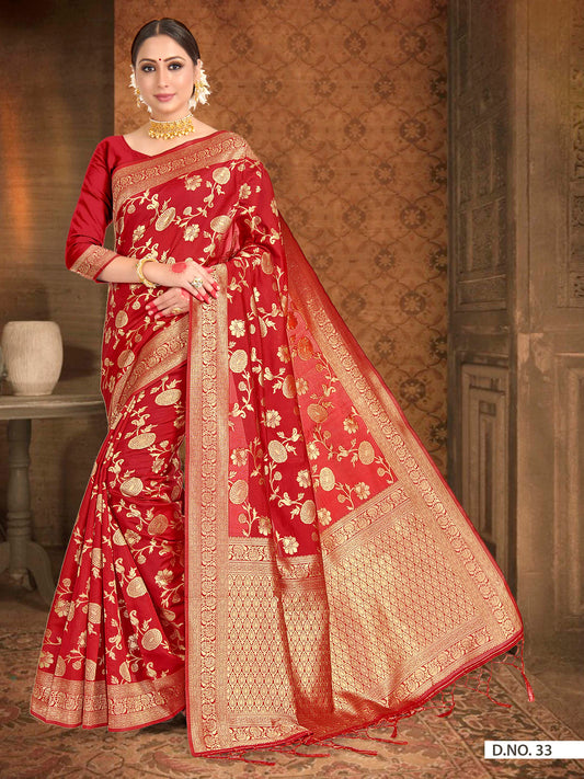Vardha Crimson Red Woven Banarasi Saree | Swadesiicart