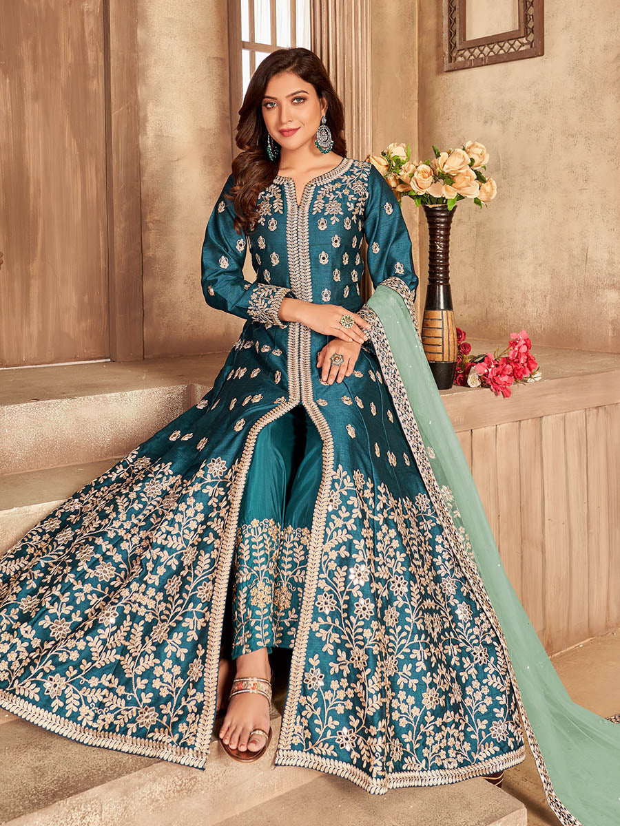 Myra Teal Art Silk Embroidered Anarkali Suit | Swadesiicart