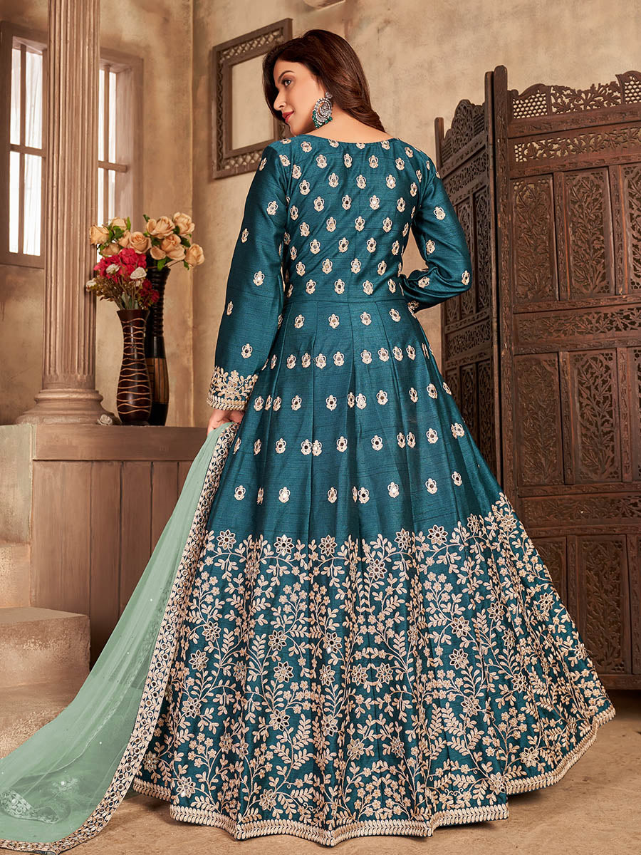 Myra Teal Art Silk Embroidered Anarkali Suit | Swadesiicart