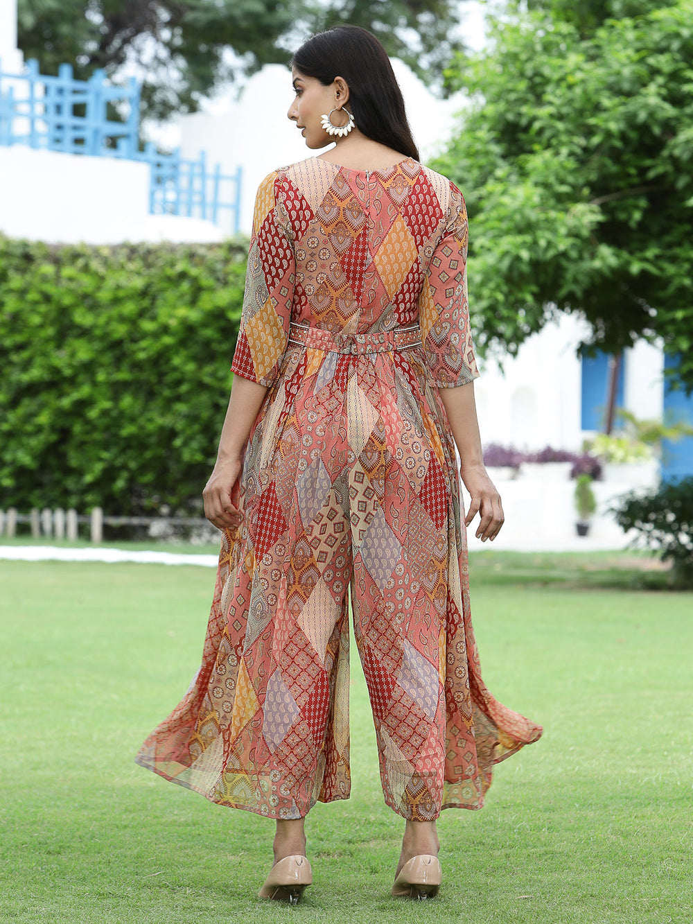 Juniper Multi Chiffon Festive Printed Flared Jump Suit For Women - Swadesiicart