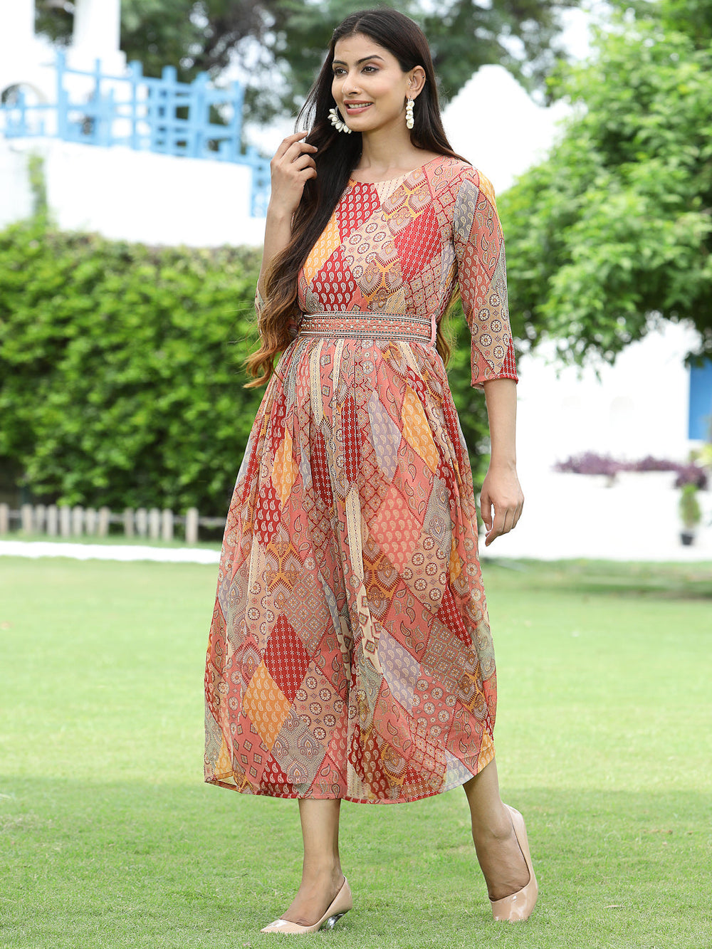 Juniper Multi Chiffon Festive Printed Flared Jump Suit For Women - Swadesiicart