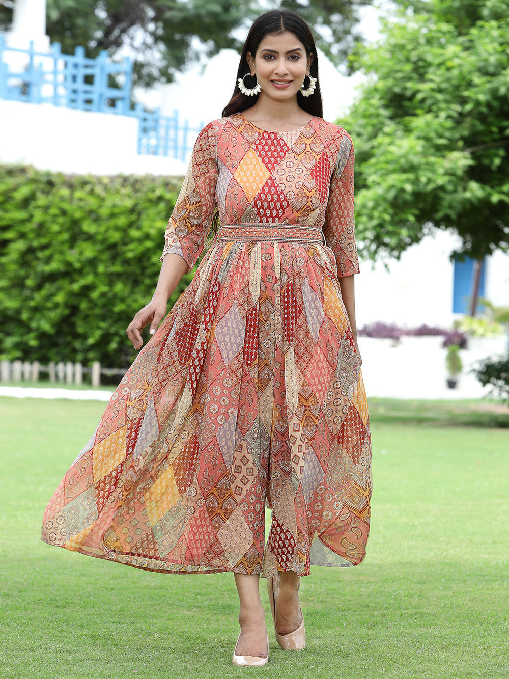 Juniper Multi Chiffon Festive Printed Flared Jump Suit For Women - Swadesiicart