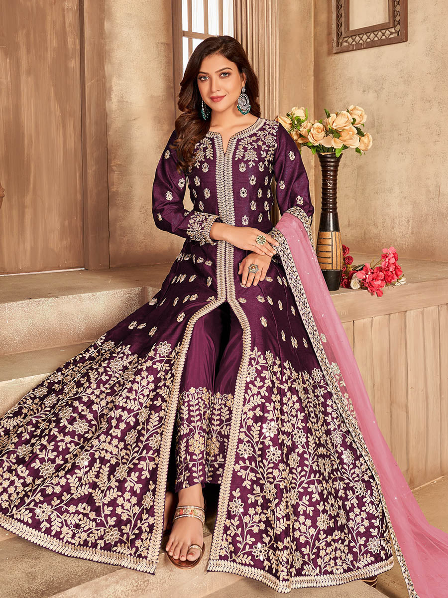 Myra Wine Art Silk Embroidered Anarkali Suit | Swadesiicart
