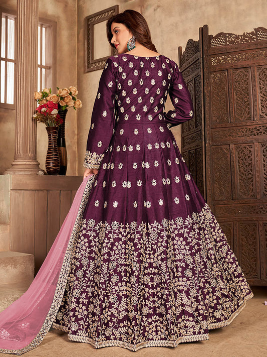 Myra Wine Art Silk Embroidered Anarkali Suit | Swadesiicart