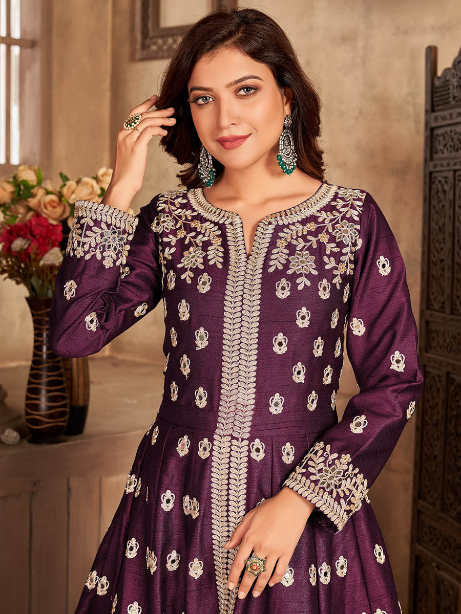 Myra Wine Art Silk Embroidered Anarkali Suit | Swadesiicart
