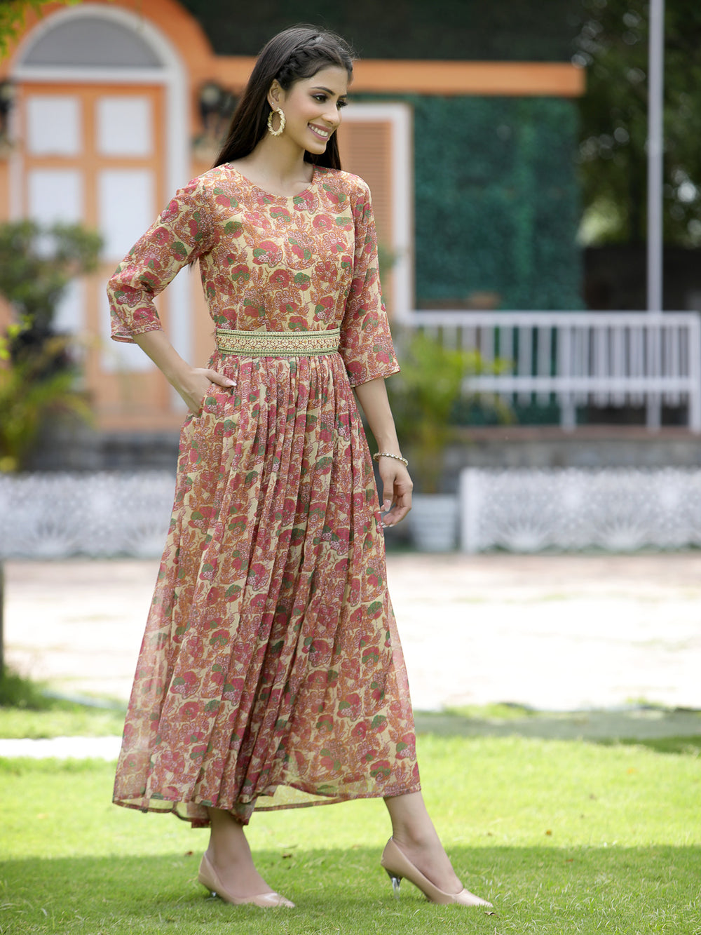 Juniper Fuchsia Chiffon Casual Wear Printed Flared Jumpsuit - Swadesiicart