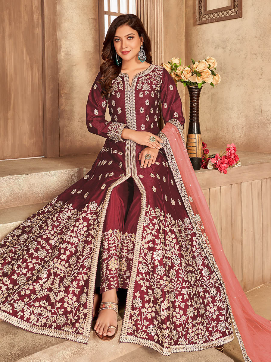 Myra Red Art Silk Embroidered Anarkali Suit | Swadesiicart
