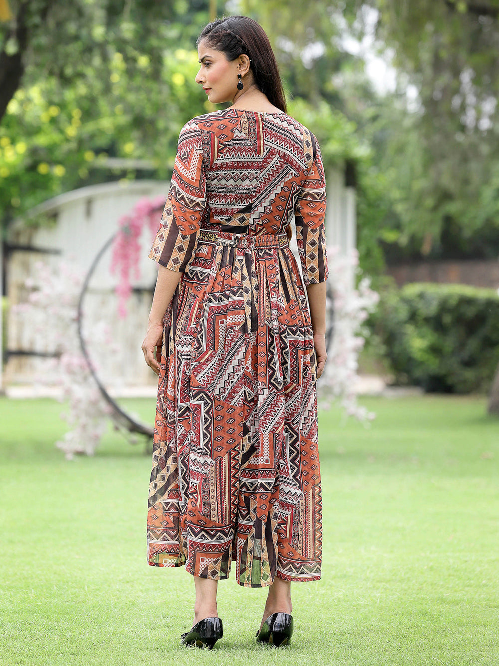 Juniper Brown Multi Chiffon Festive Printed Flared Jump Suit For Women - Swadesiicart