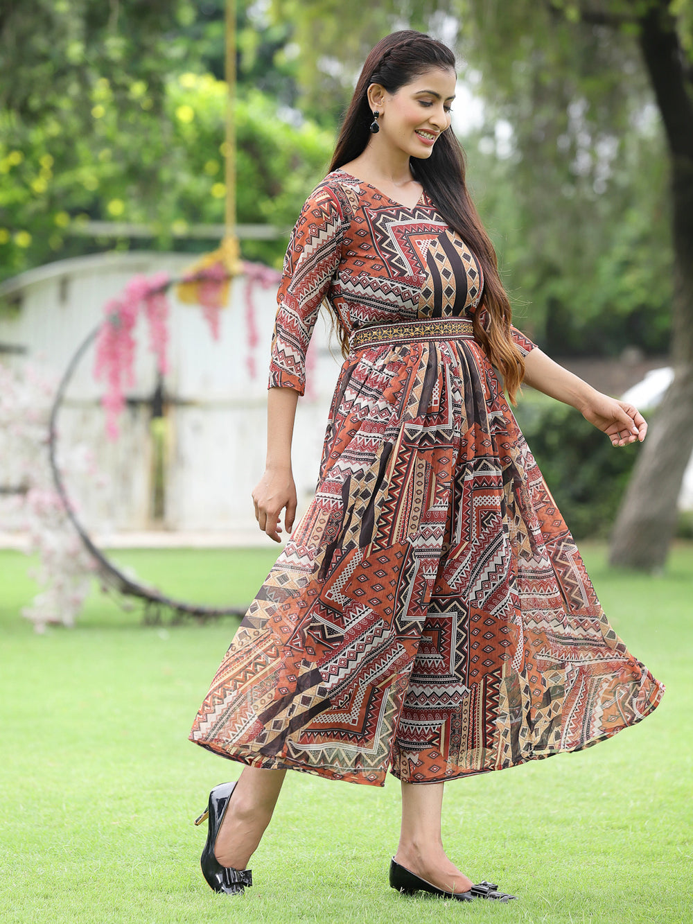Juniper Brown Multi Chiffon Festive Printed Flared Jump Suit For Women - Swadesiicart