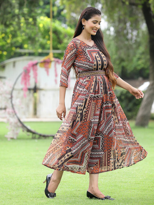 Juniper Brown Multi Chiffon Festive Printed Flared Jump Suit For Women - Swadesiicart