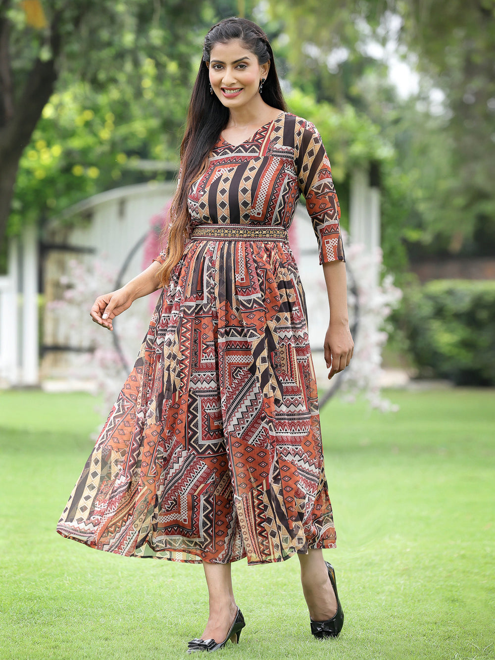 Juniper Brown Multi Chiffon Festive Printed Flared Jump Suit For Women - Swadesiicart