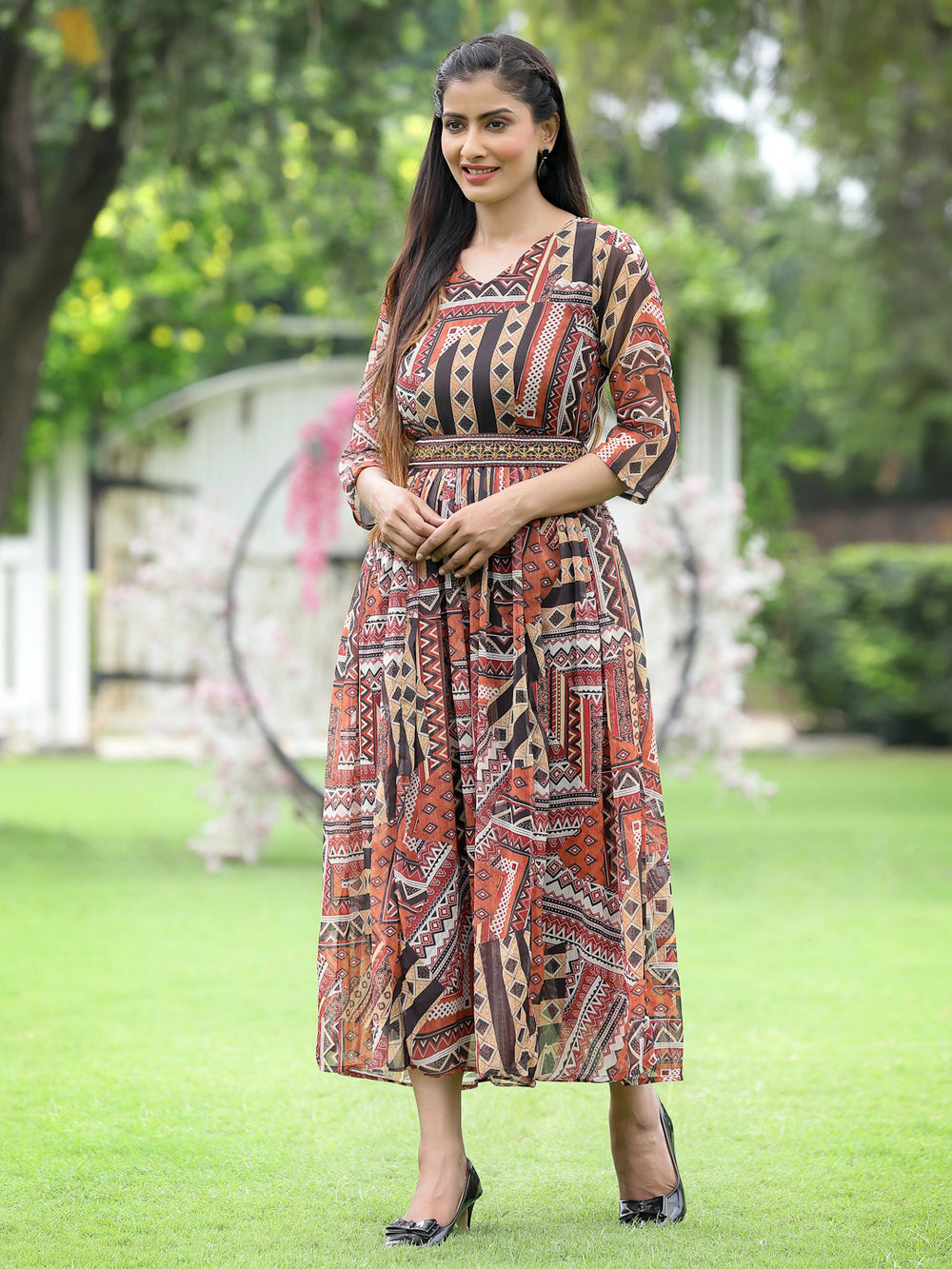 Juniper Brown Multi Chiffon Festive Printed Flared Jump Suit For Women - Swadesiicart
