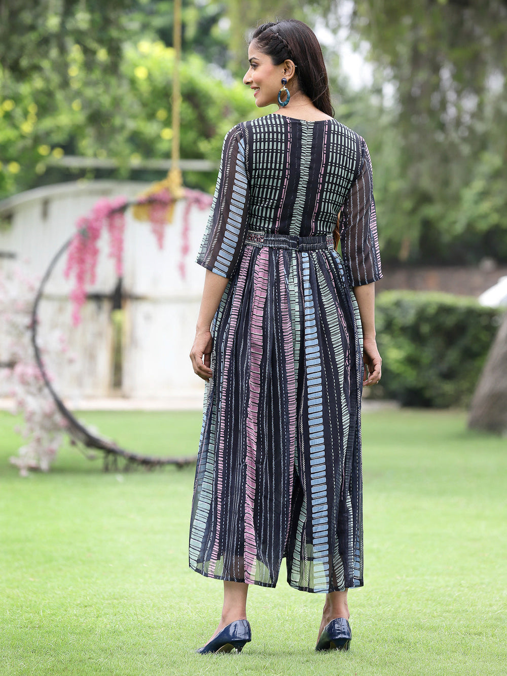 Juniper Black Multi Chiffon Festive Printed Flared Jump Suit For Women - Swadesiicart