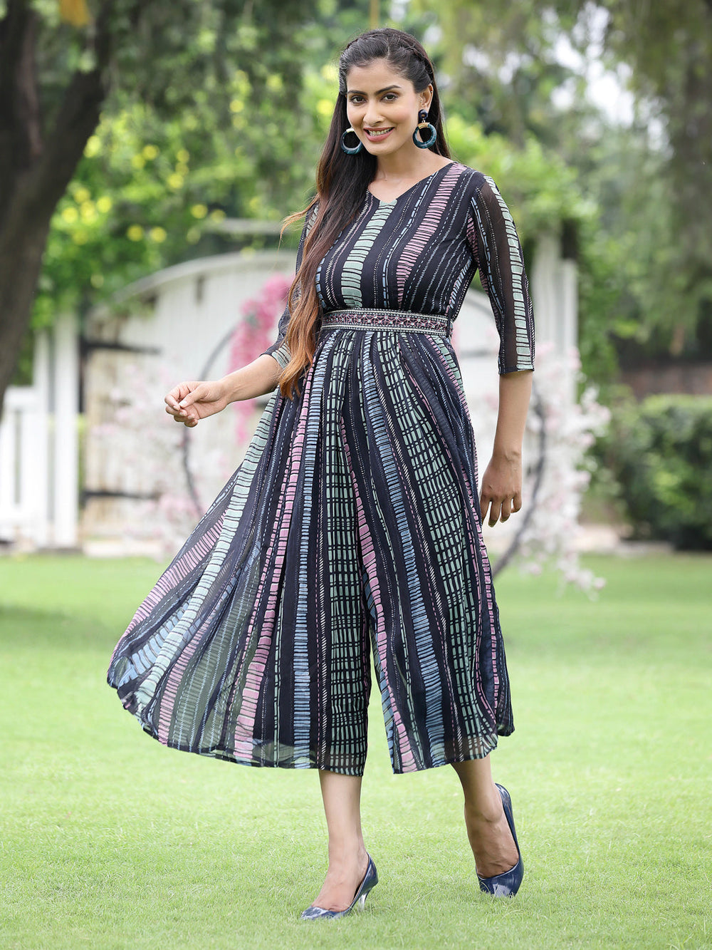 Juniper Black Multi Chiffon Festive Printed Flared Jump Suit For Women - Swadesiicart
