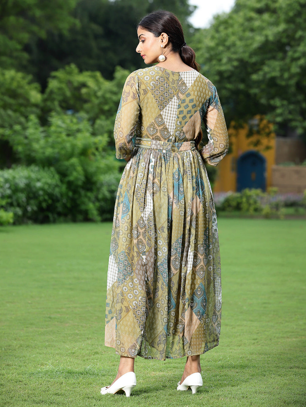 Juniper Green Multi Chiffon Festive Printed Flared Jump Suit For Women - Swadesiicart