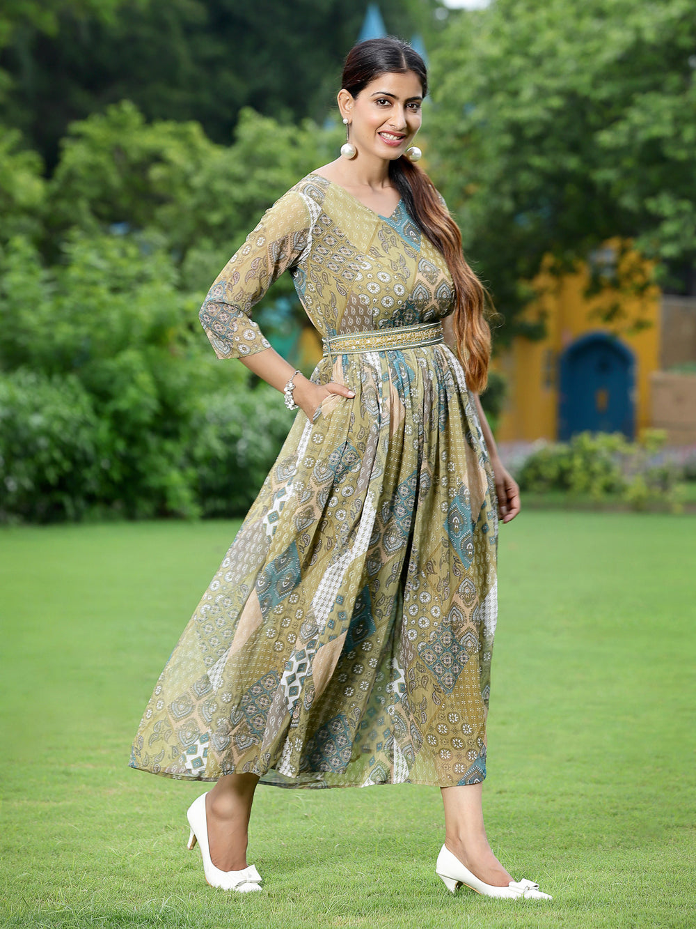 Juniper Green Multi Chiffon Festive Printed Flared Jump Suit For Women - Swadesiicart