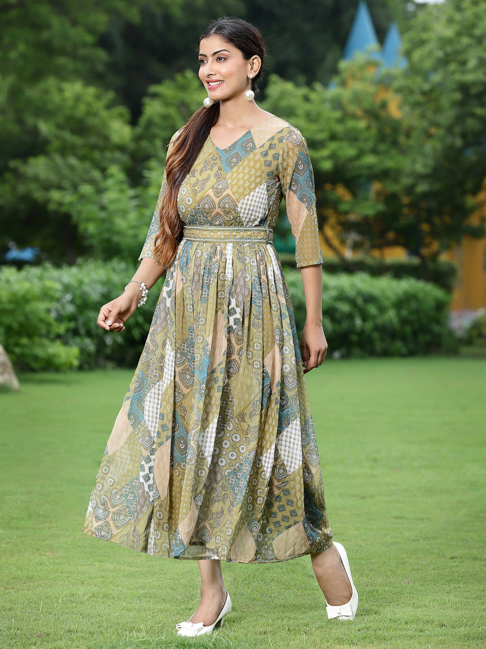 Juniper Green Multi Chiffon Festive Printed Flared Jump Suit For Women - Swadesiicart
