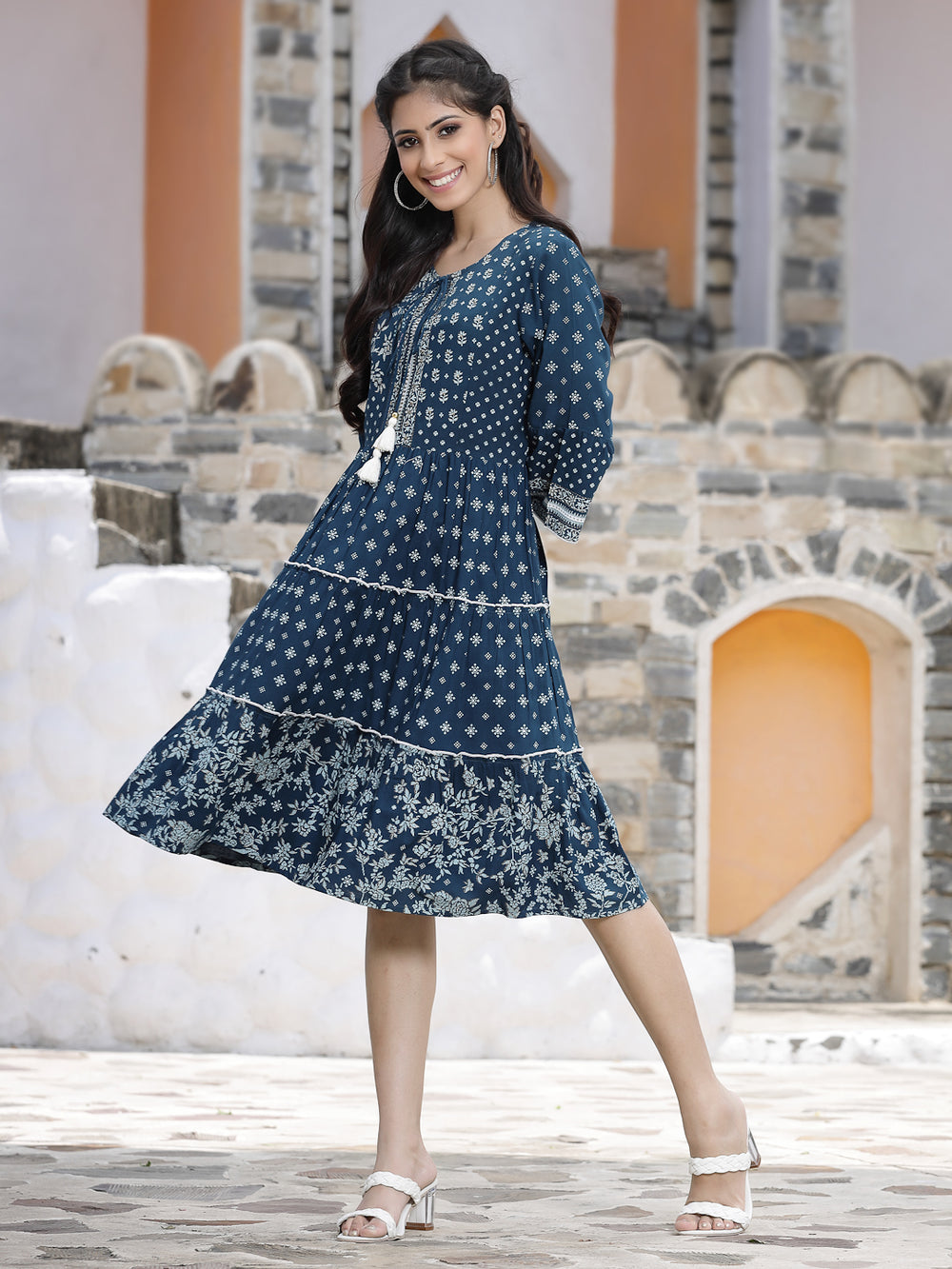 Juniper Women's Blue Rayon Printed Tiered Short Dress | Swadesiicart