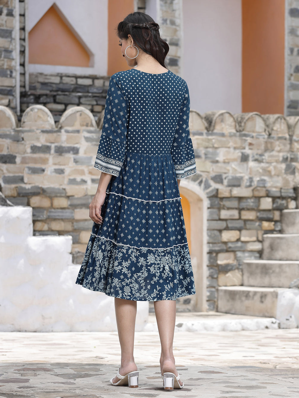 Juniper Women's Blue Rayon Printed Tiered Short Dress | Swadesiicart