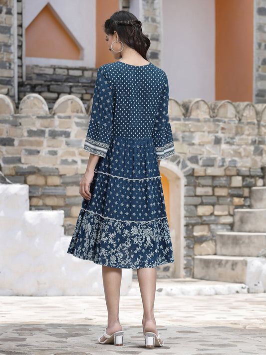 Juniper Women's Blue Rayon Printed Tiered Short Dress | Swadesiicart