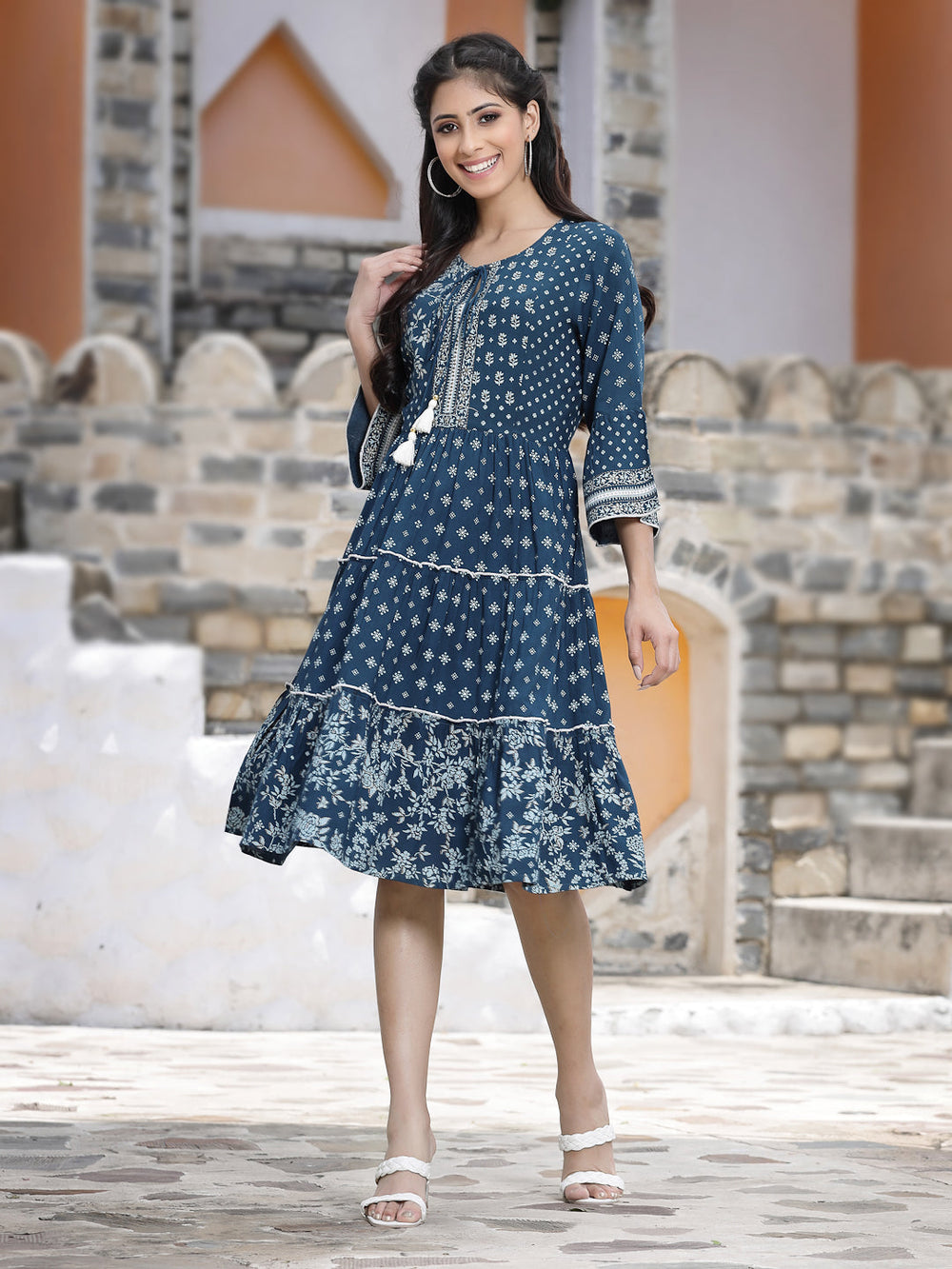 Juniper Women's Blue Rayon Printed Tiered Short Dress | Swadesiicart