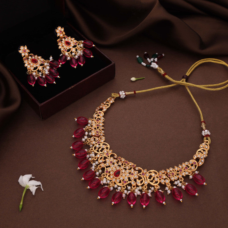 Tehzeeb Creations Gold-Polished Pink Colour Necklace With Stud - Swadesiicart