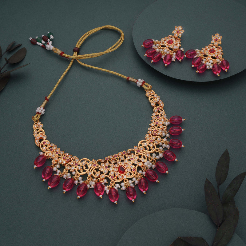 Tehzeeb Creations Gold-Polished Pink Colour Necklace With Stud - Swadesiicart