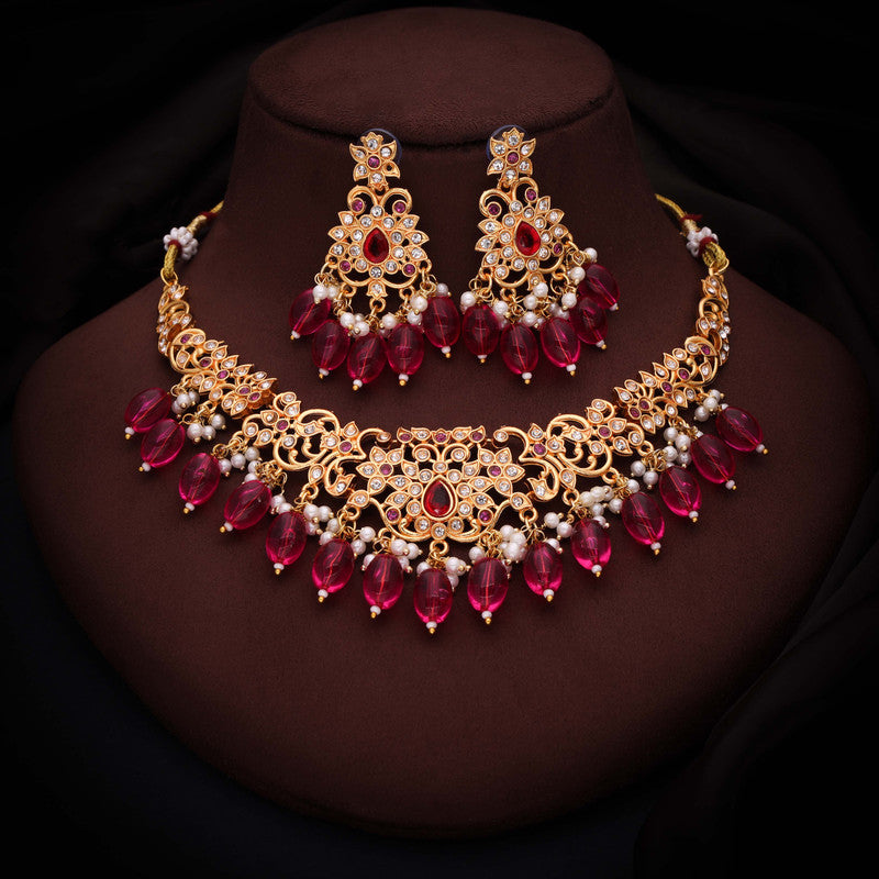 Tehzeeb Creations Gold-Polished Pink Colour Necklace With Stud - Swadesiicart