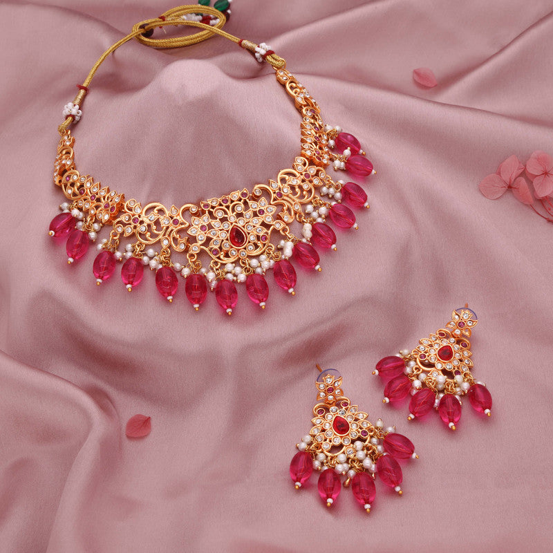 Tehzeeb Creations Gold-Polished Pink Colour Necklace With Stud - Swadesiicart