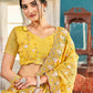 Tikhi Imli Yellow Ethnic Motifs Beads and Stones Embroidered Saree | Swadesiicart