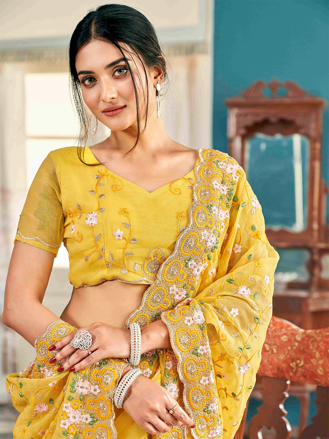 Tikhi Imli Yellow Ethnic Motifs Beads and Stones Embroidered Saree | Swadesiicart
