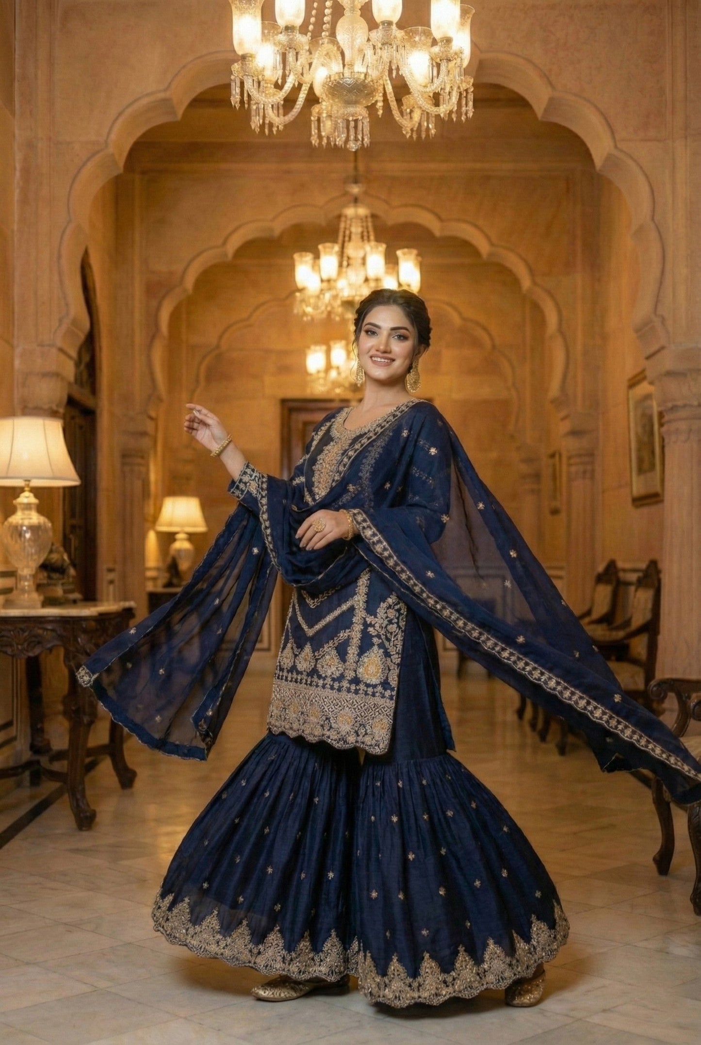 Anaita Navy Chinon Stitched Sharara Suit with Embroidery & Sequence Work