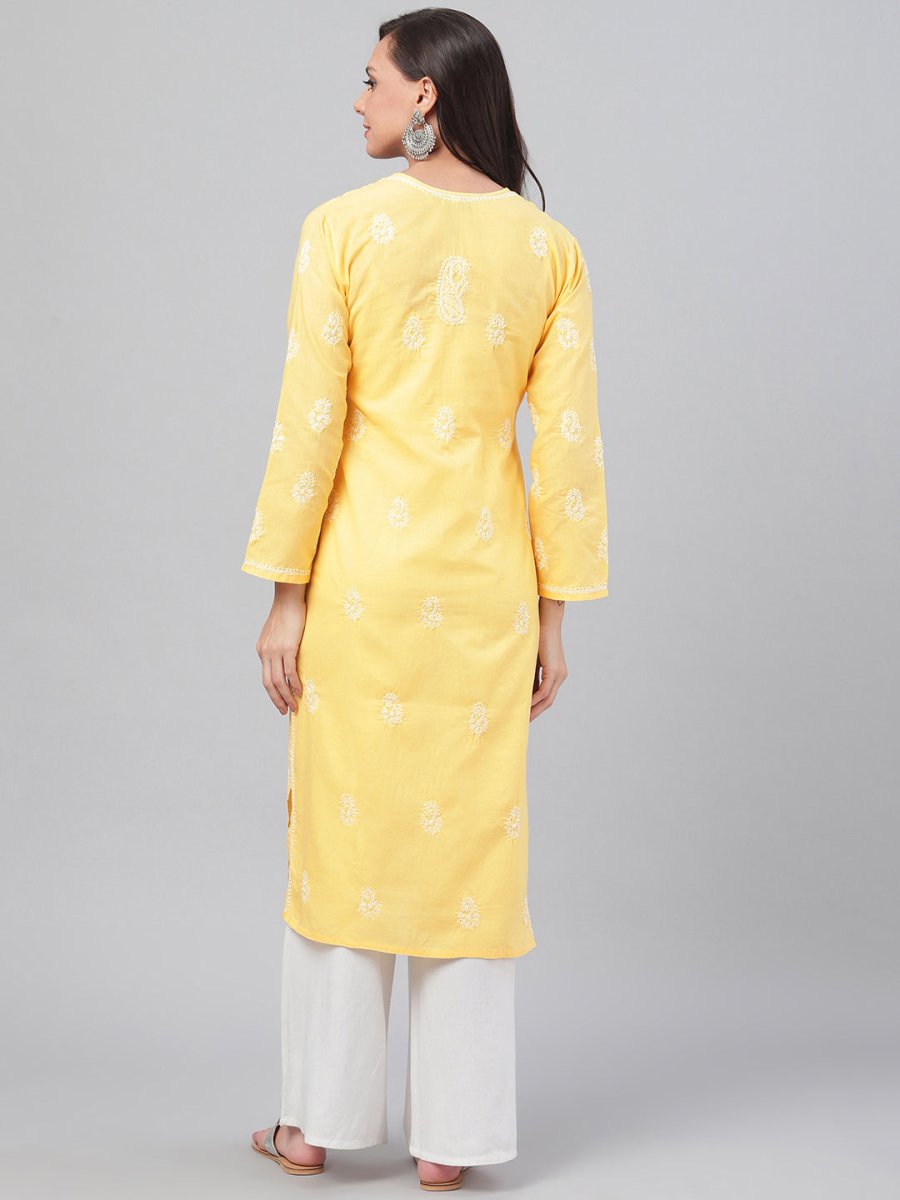 ADA Women Yellow & White Chikankari Hand-Embroidered Straight Kurta | Swadesiicart