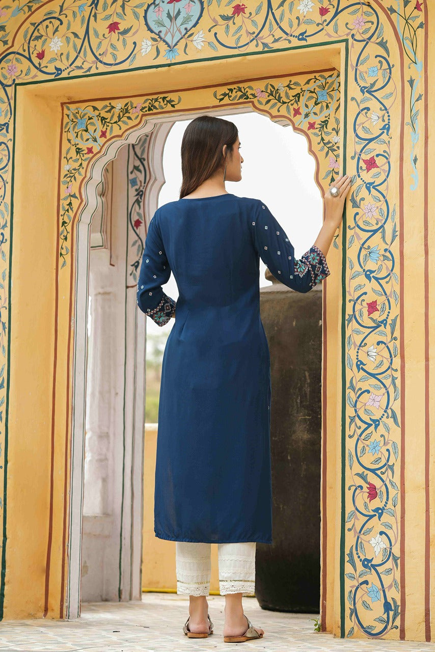 Juniper Blue Rayon Festive Printed Straight Kurta For Women | Swadesiicart