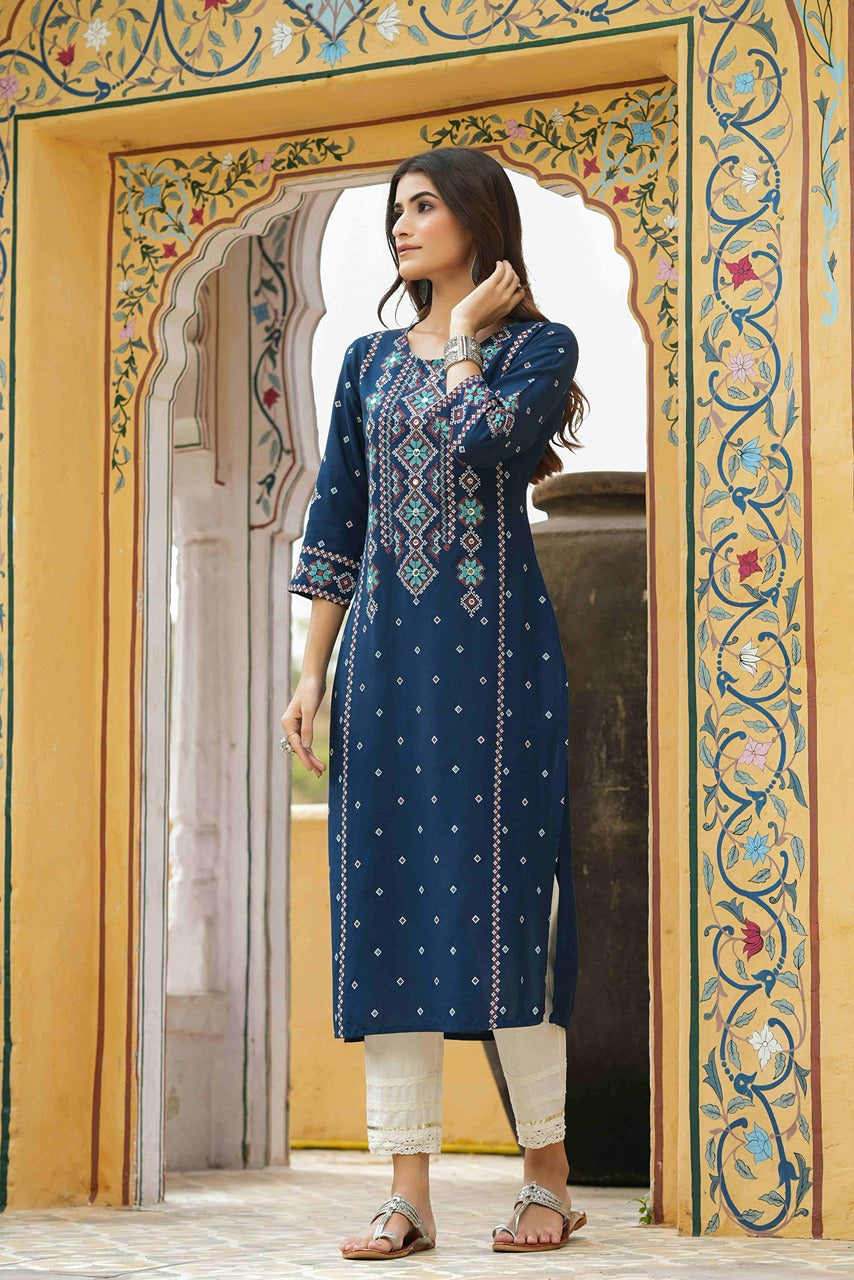 Juniper Blue Rayon Festive Printed Straight Kurta For Women | Swadesiicart