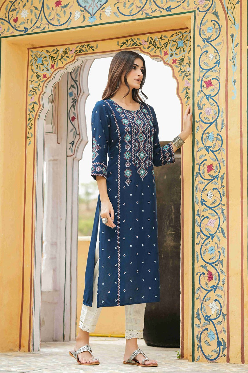 Juniper Blue Rayon Festive Printed Straight Kurta For Women | Swadesiicart