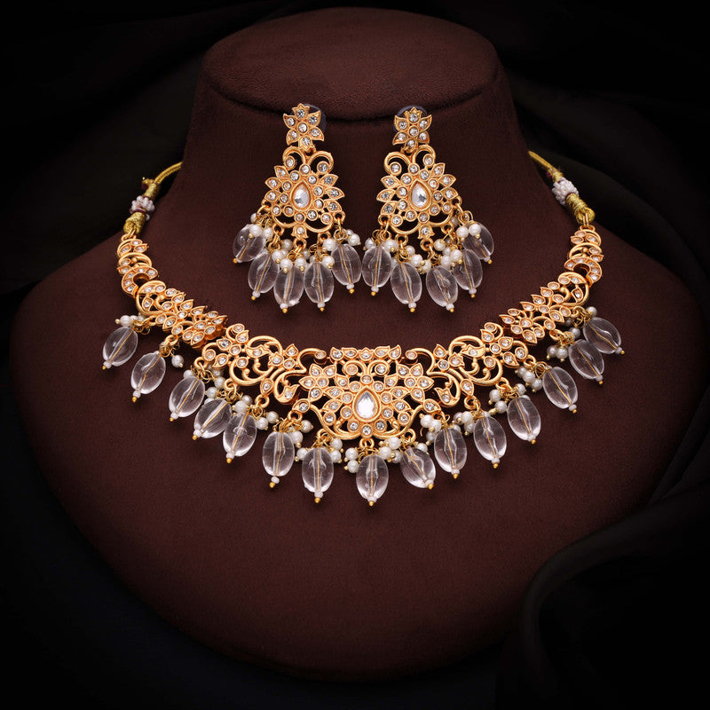 Tehzeeb Creations Gold-Polished White Colour Necklace With Stud - Swadesiicart