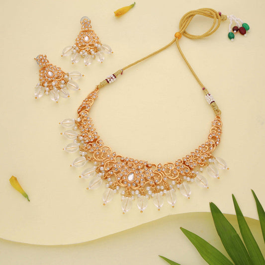 Tehzeeb Creations Gold-Polished White Colour Necklace With Stud - Swadesiicart