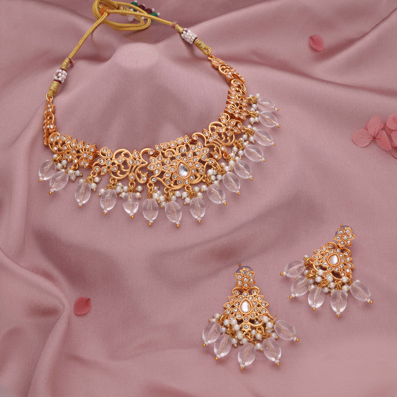 Tehzeeb Creations Gold-Polished White Colour Necklace With Stud - Swadesiicart