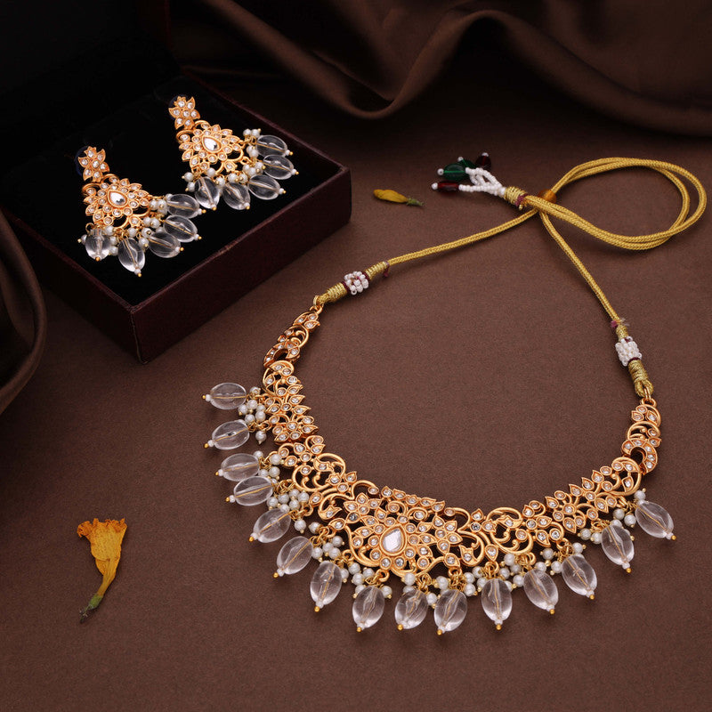 Tehzeeb Creations Gold-Polished White Colour Necklace With Stud - Swadesiicart