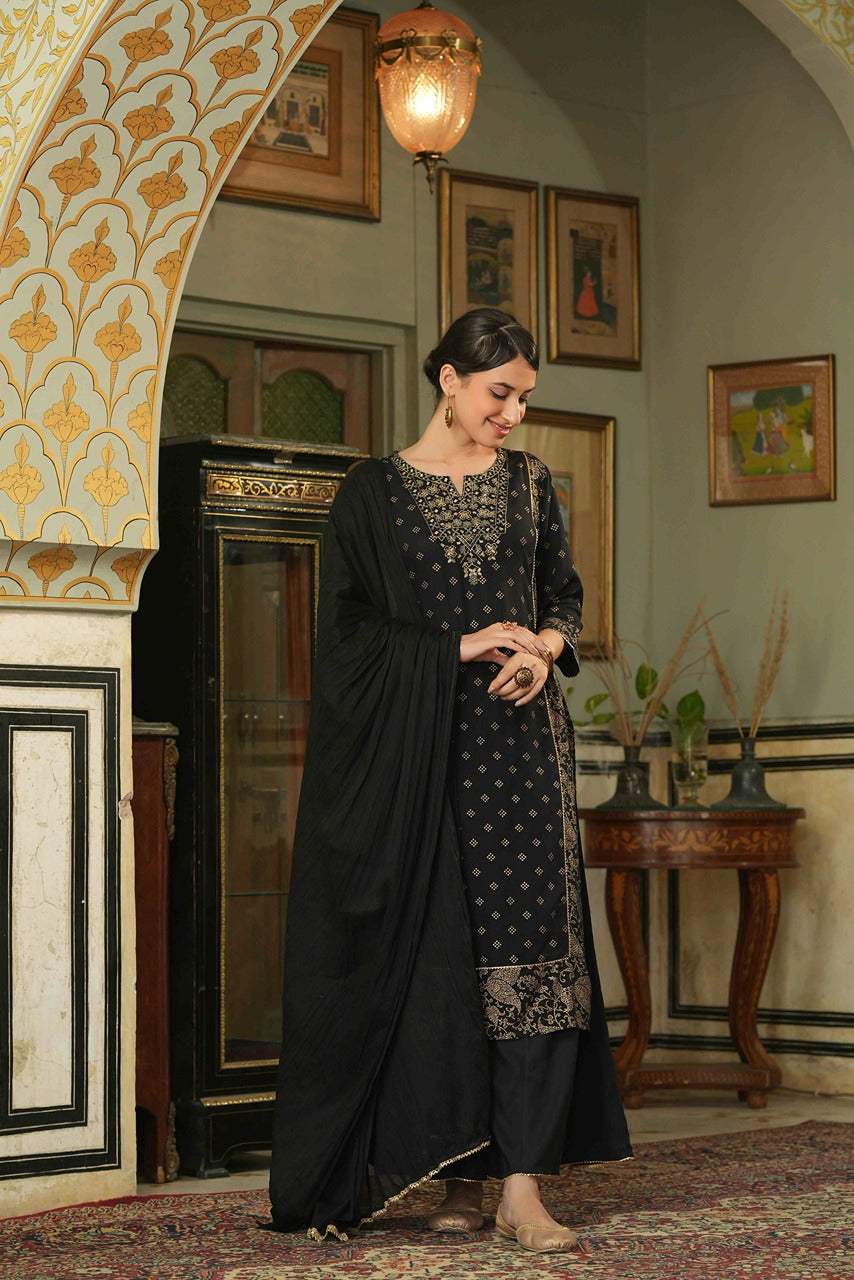 Juniper Black Rayon Festive Embroidered Straight Skd For Women | Swadesiicart
