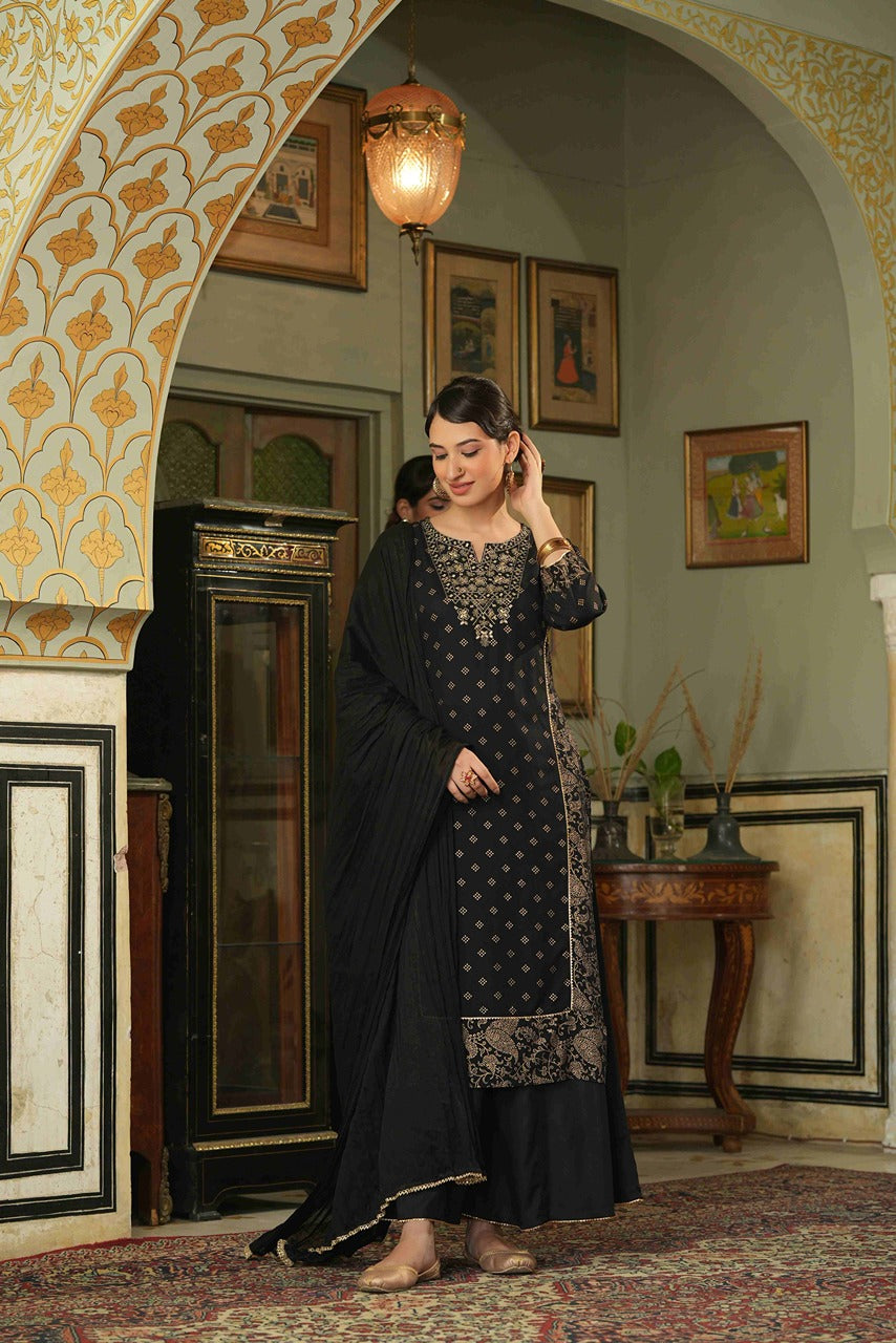 Juniper Black Rayon Festive Embroidered Straight Skd For Women | Swadesiicart