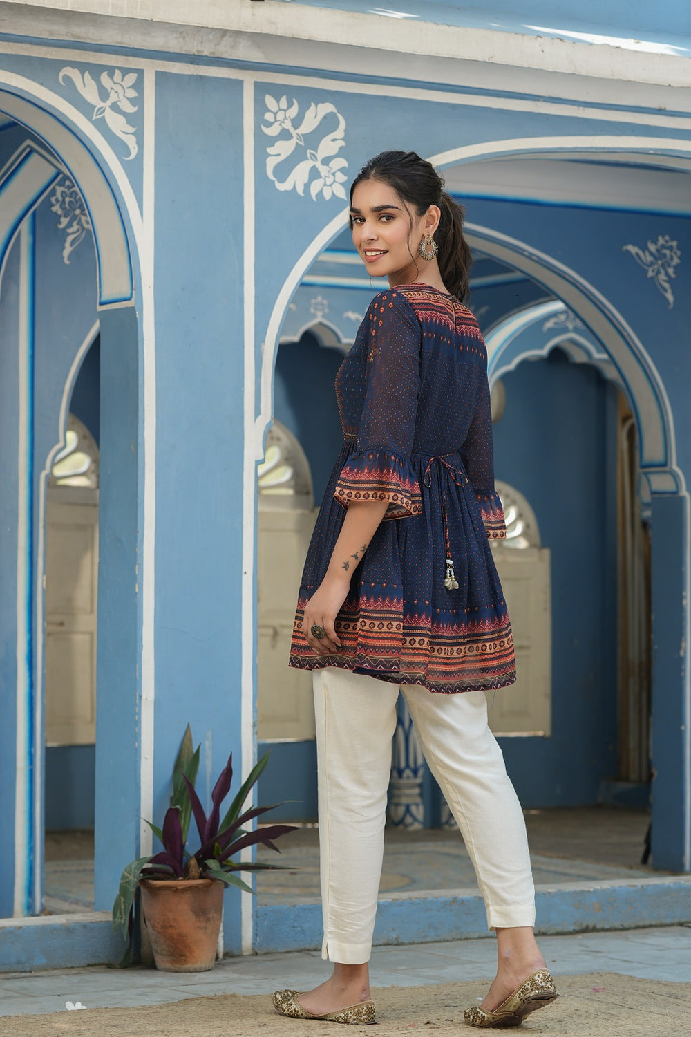 Juniper Indigo Georgette Festive Printed Flared Tunic For Women | Swadesiicart