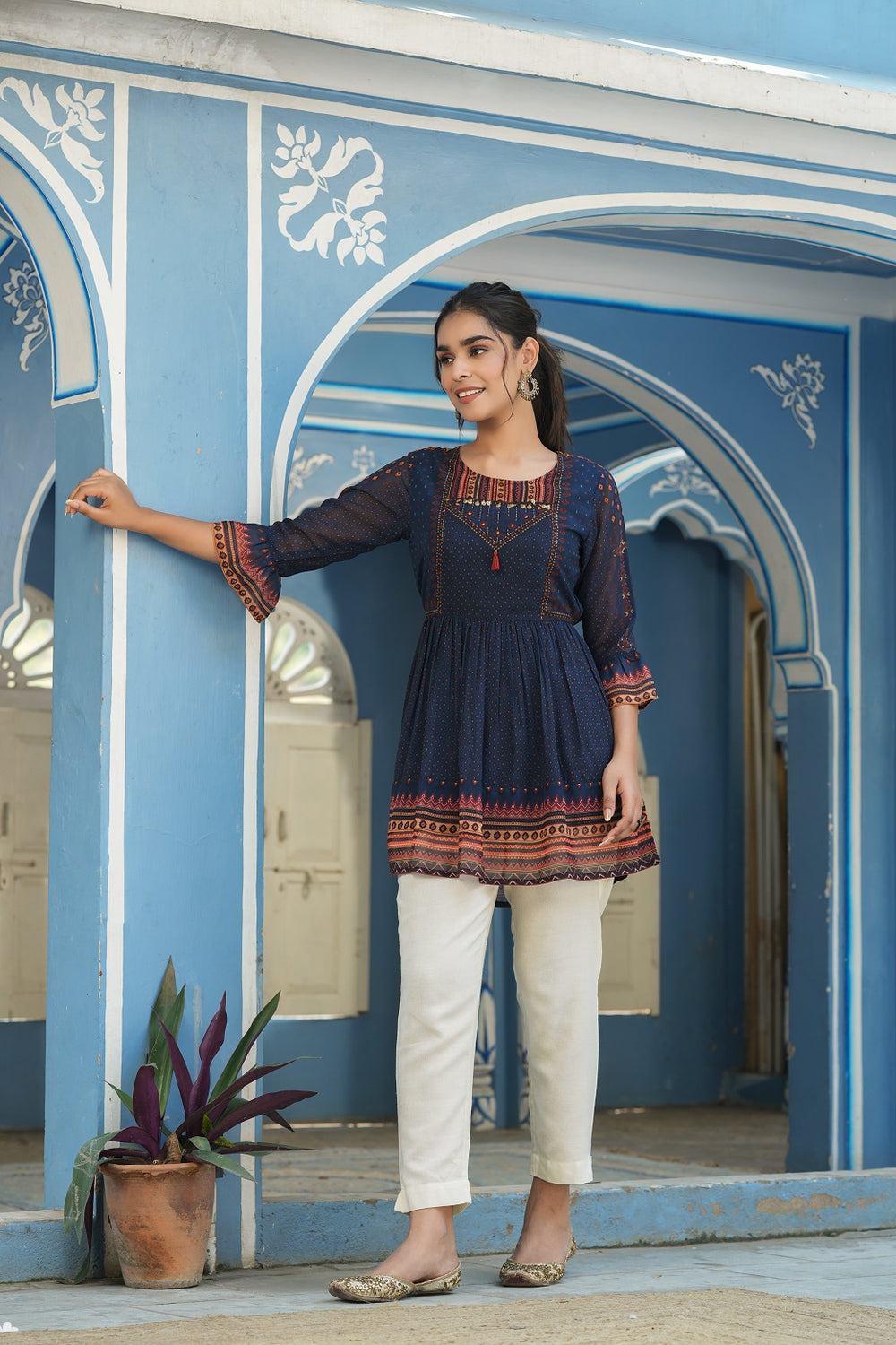 Juniper Indigo Georgette Festive Printed Flared Tunic For Women | Swadesiicart