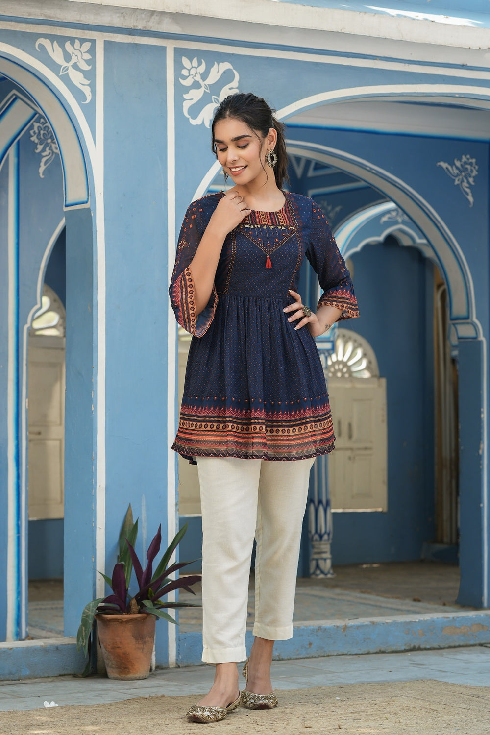Juniper Indigo Georgette Festive Printed Flared Tunic For Women | Swadesiicart