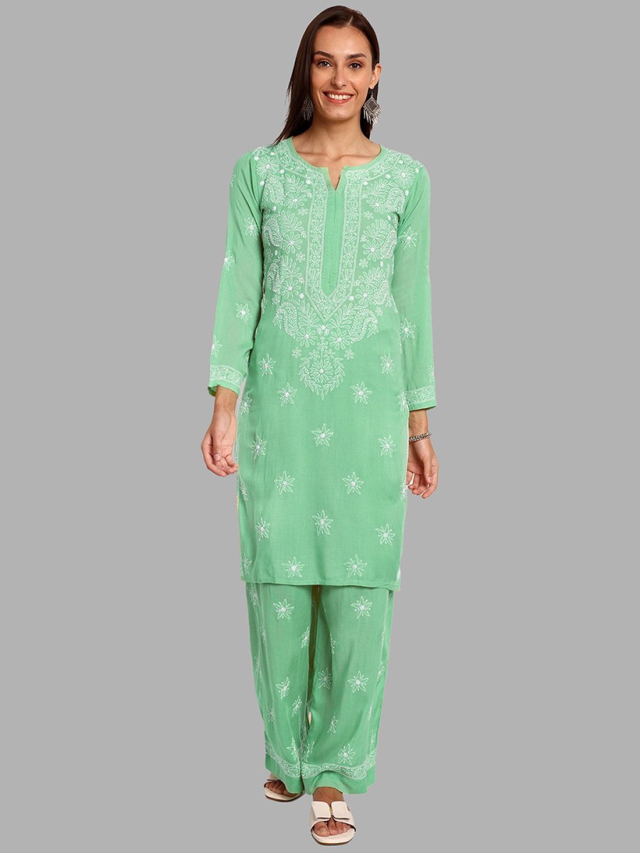 ADA Floral Embroidered Long Sleeves Regular Lucknowi Chikankari Kurta With Palazzos | Swadesiicart