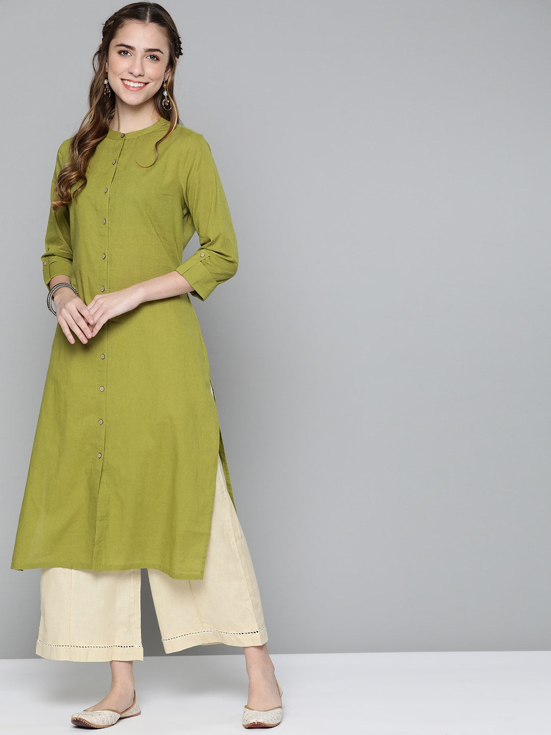 HERE&NOW Women Olive Green Solid Pure Cotton Kurta - Swadesiicart