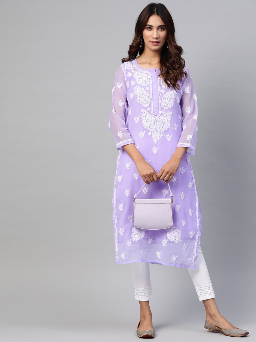 ADA Women Lavender & White Chikankari Embroidered Kurta with Trousers & Inner | Swadesiicart