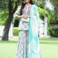 Juniper Skyblue Muslin Festive Wear Mirror Work Straight Kurta Sharara Dupatta Set | Swadesiicart